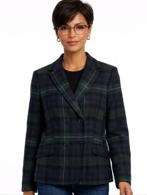 Talbots Classic Brushed Wool Plaid Double-Breasted  Blazer Size 12 P